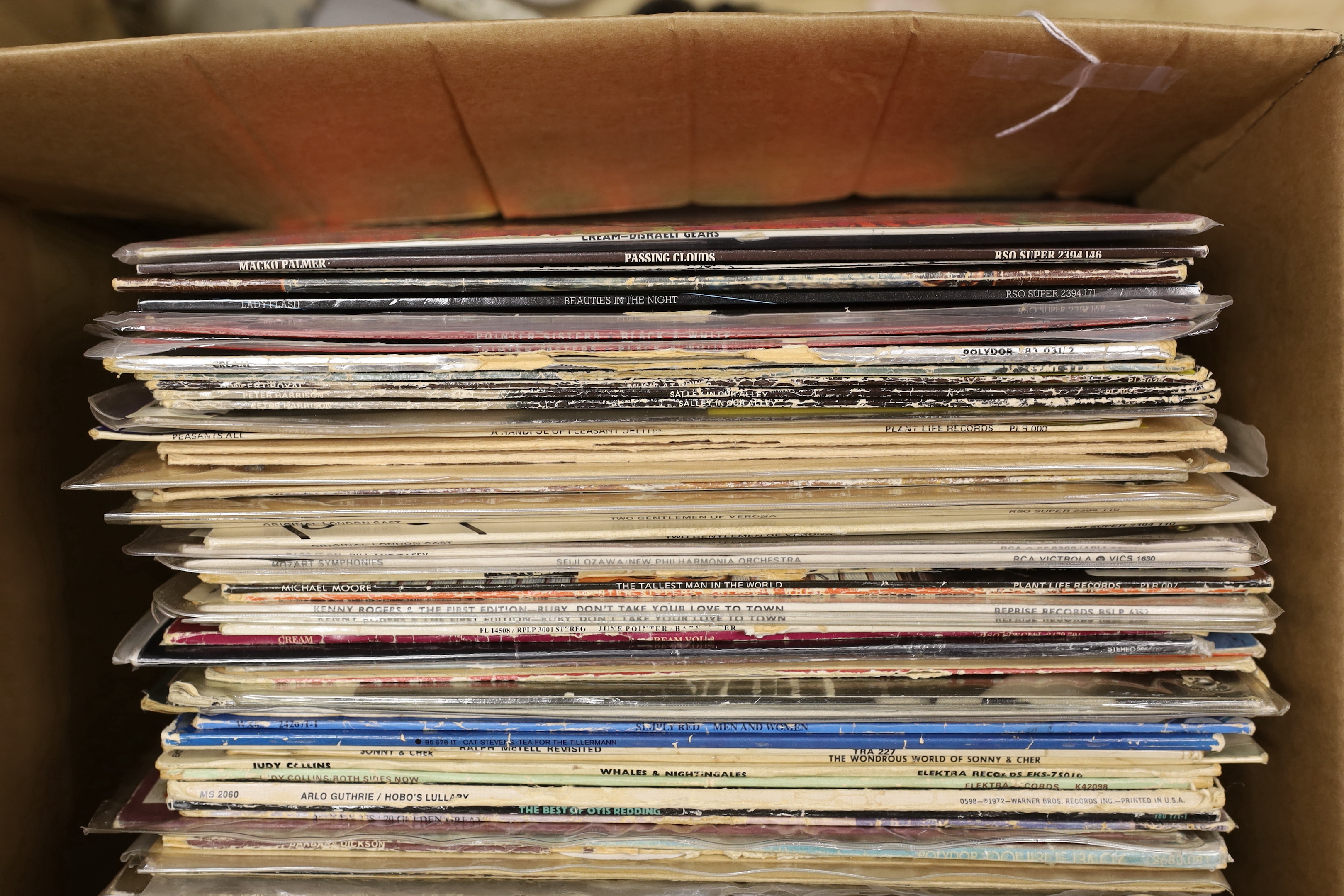 Approximately seventy LP record albums by artists including; Cream, Stevie Wonder, Sonny and Cher, etc. some albums not in original covers, most albums ex-BBC Gramophone Library with related stickers on the covers, and s